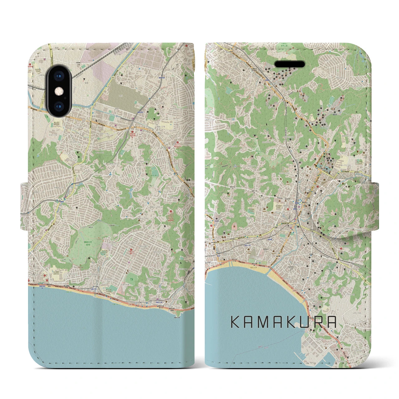 【鎌倉(神奈川県)】地図柄iPhoneケース(手帳タイプ)ナチュラル・iPhone XS / X 用