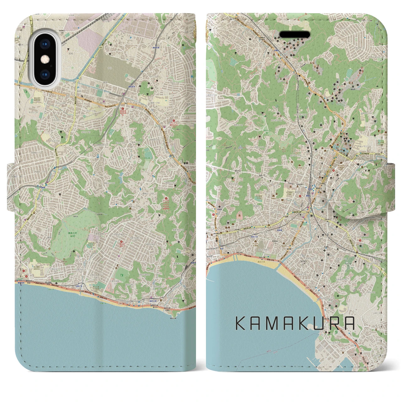 【鎌倉(神奈川県)】地図柄iPhoneケース(手帳タイプ)ナチュラル・iPhone XS Max 用