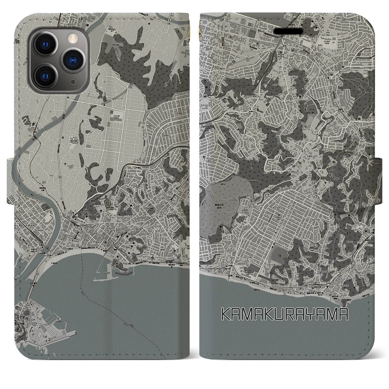 【鎌倉山(神奈川県)】地図柄iPhoneケース(手帳タイプ)モノトーン・iPhone 11 Pro Max 用