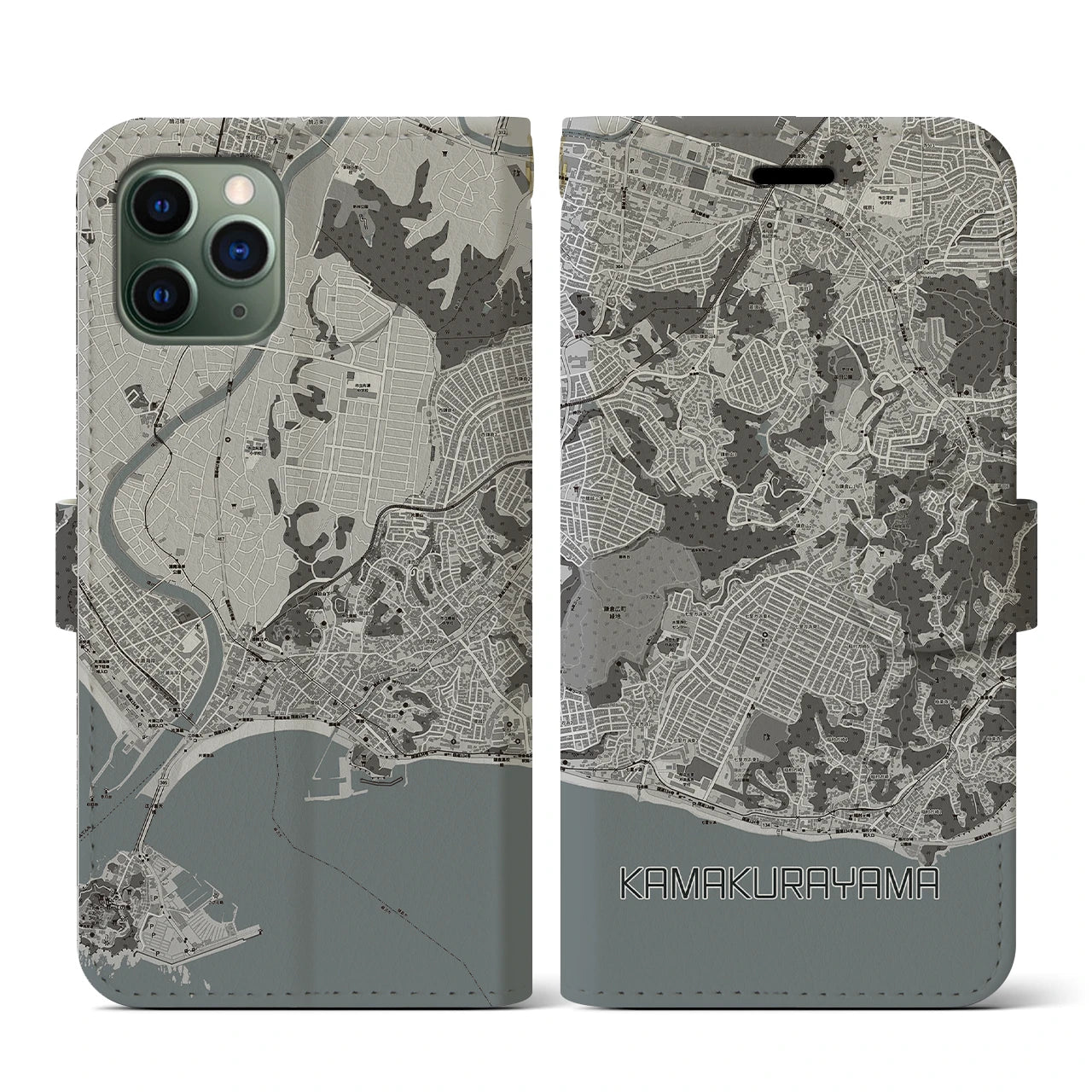 【鎌倉山(神奈川県)】地図柄iPhoneケース(手帳タイプ)モノトーン・iPhone 11 Pro 用