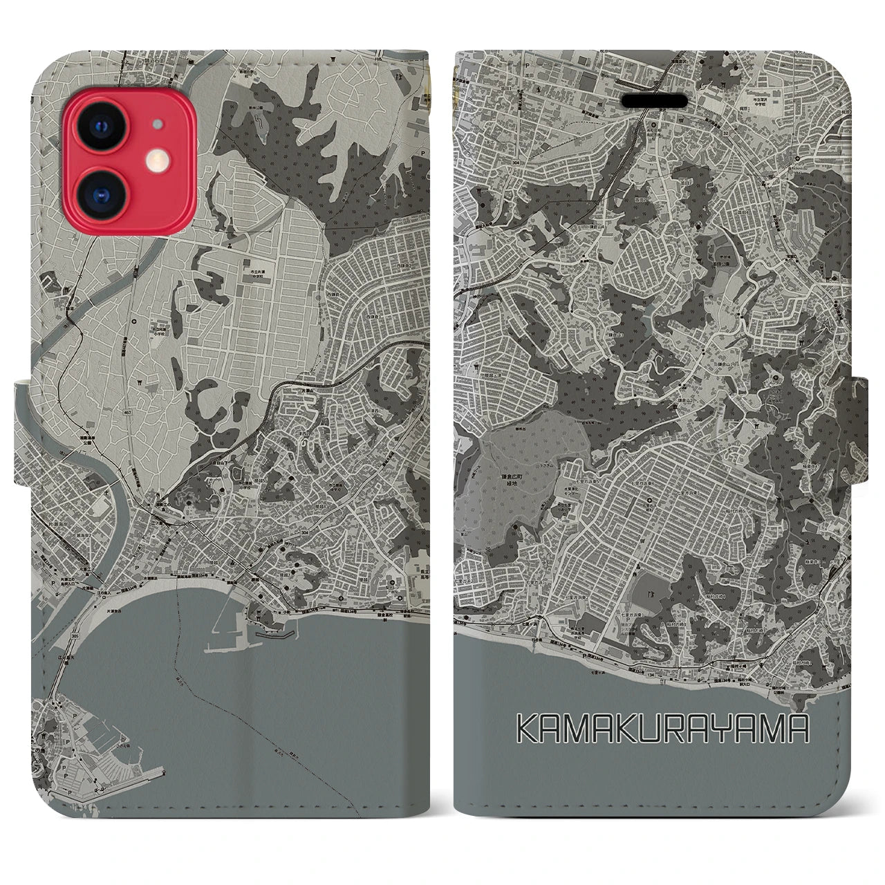 【鎌倉山(神奈川県)】地図柄iPhoneケース(手帳タイプ)モノトーン・iPhone 11 用