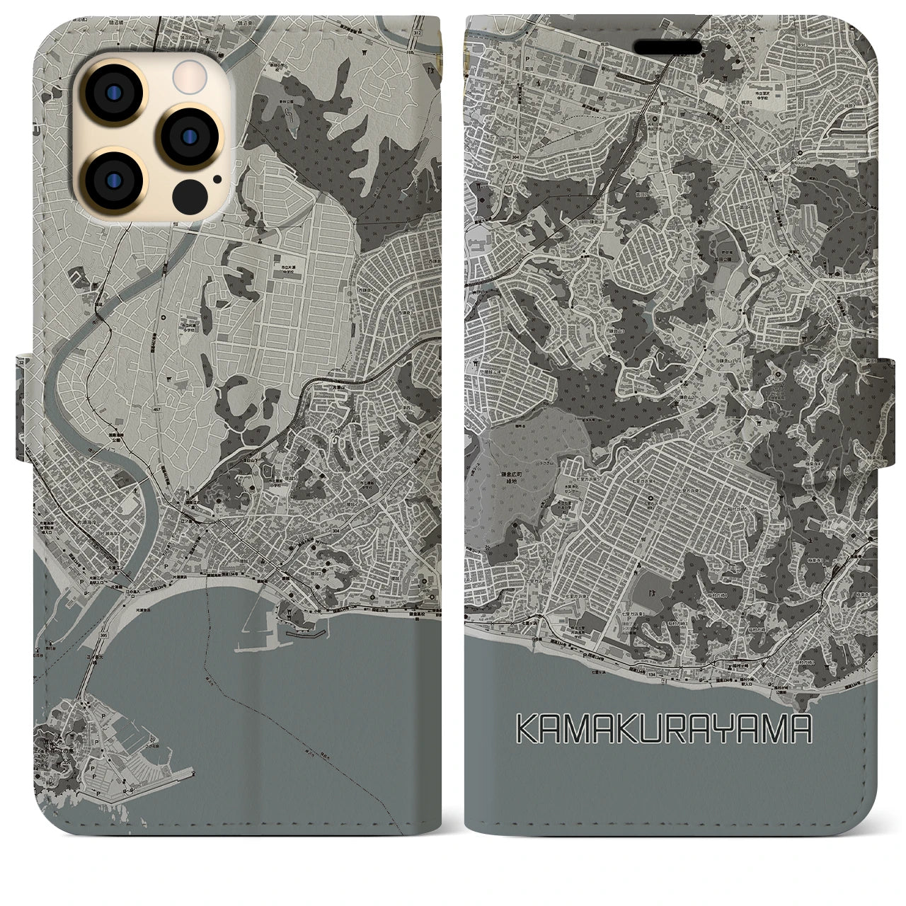 【鎌倉山(神奈川県)】地図柄iPhoneケース(手帳タイプ)モノトーン・iPhone 12 Pro Max 用