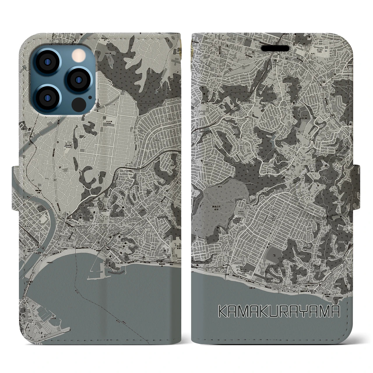 【鎌倉山(神奈川県)】地図柄iPhoneケース(手帳タイプ)モノトーン・iPhone 12 / 12 Pro 用