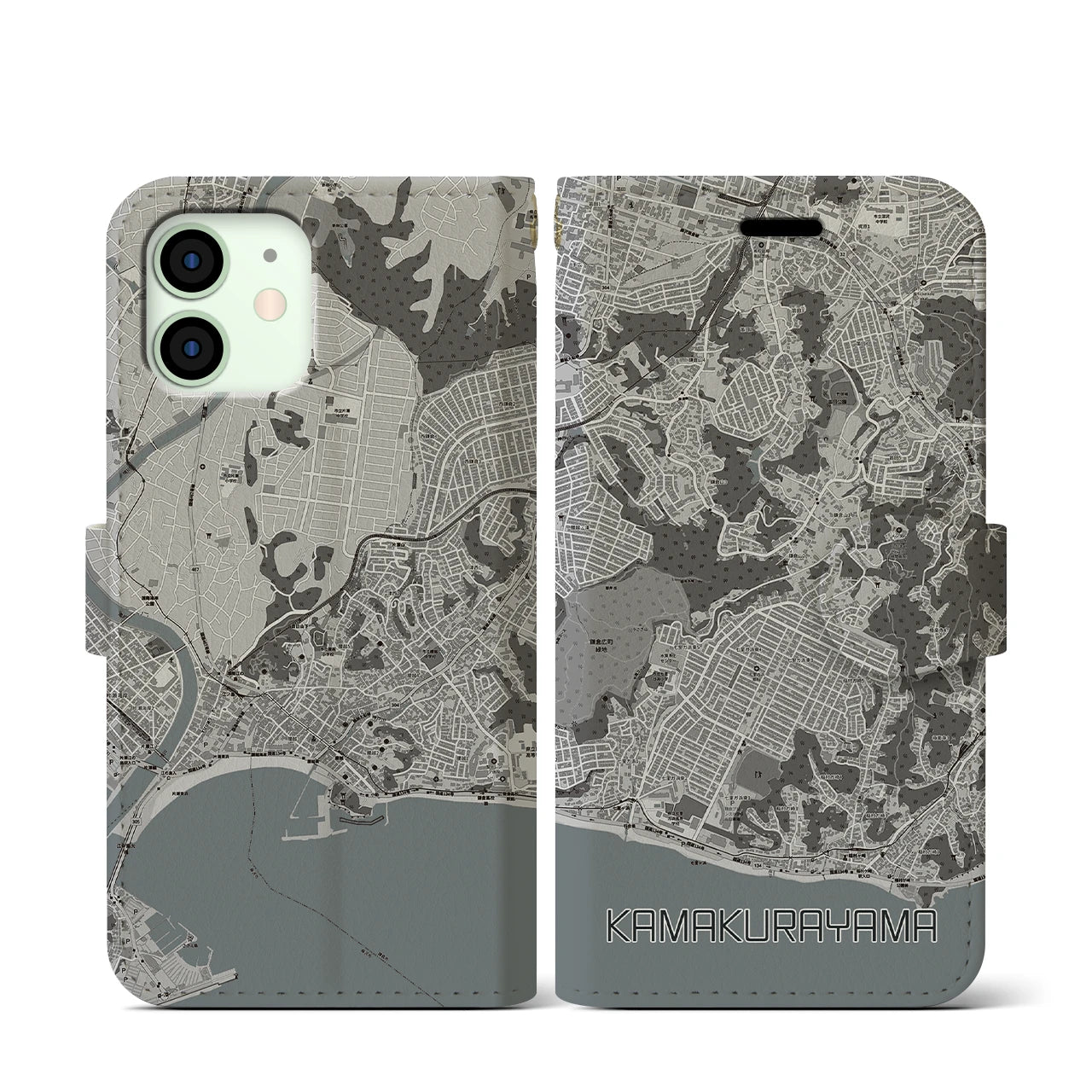 【鎌倉山(神奈川県)】地図柄iPhoneケース(手帳タイプ)モノトーン・iPhone 12 mini 用