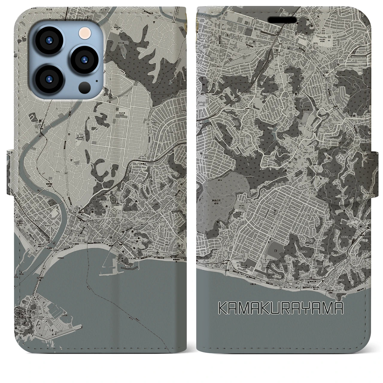 【鎌倉山(神奈川県)】地図柄iPhoneケース(手帳タイプ)モノトーン・iPhone 13 Pro Max 用