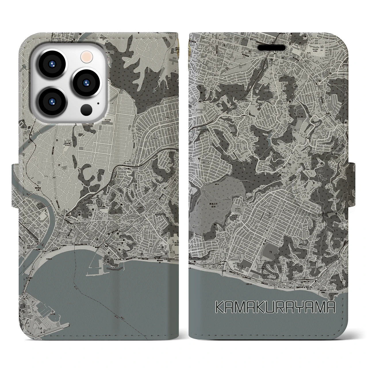 【鎌倉山(神奈川県)】地図柄iPhoneケース(手帳タイプ)モノトーン・iPhone 13 Pro 用