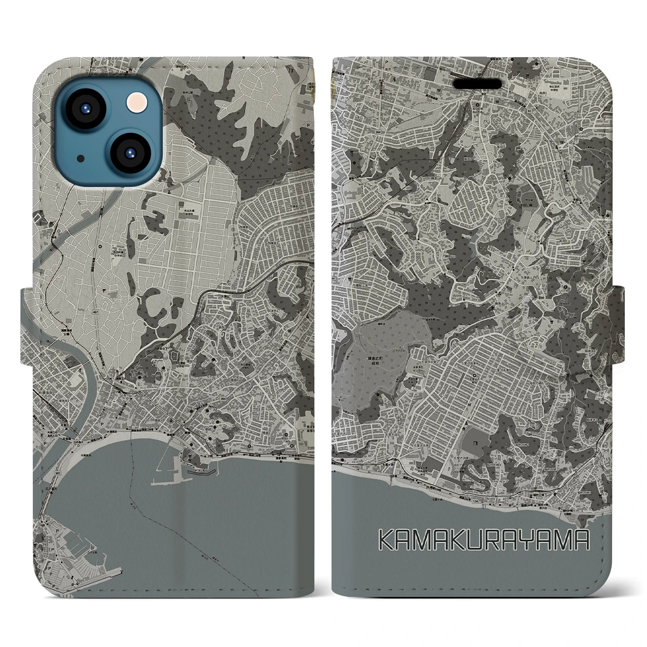 【鎌倉山(神奈川県)】地図柄iPhoneケース(手帳タイプ)モノトーン・iPhone 13 用