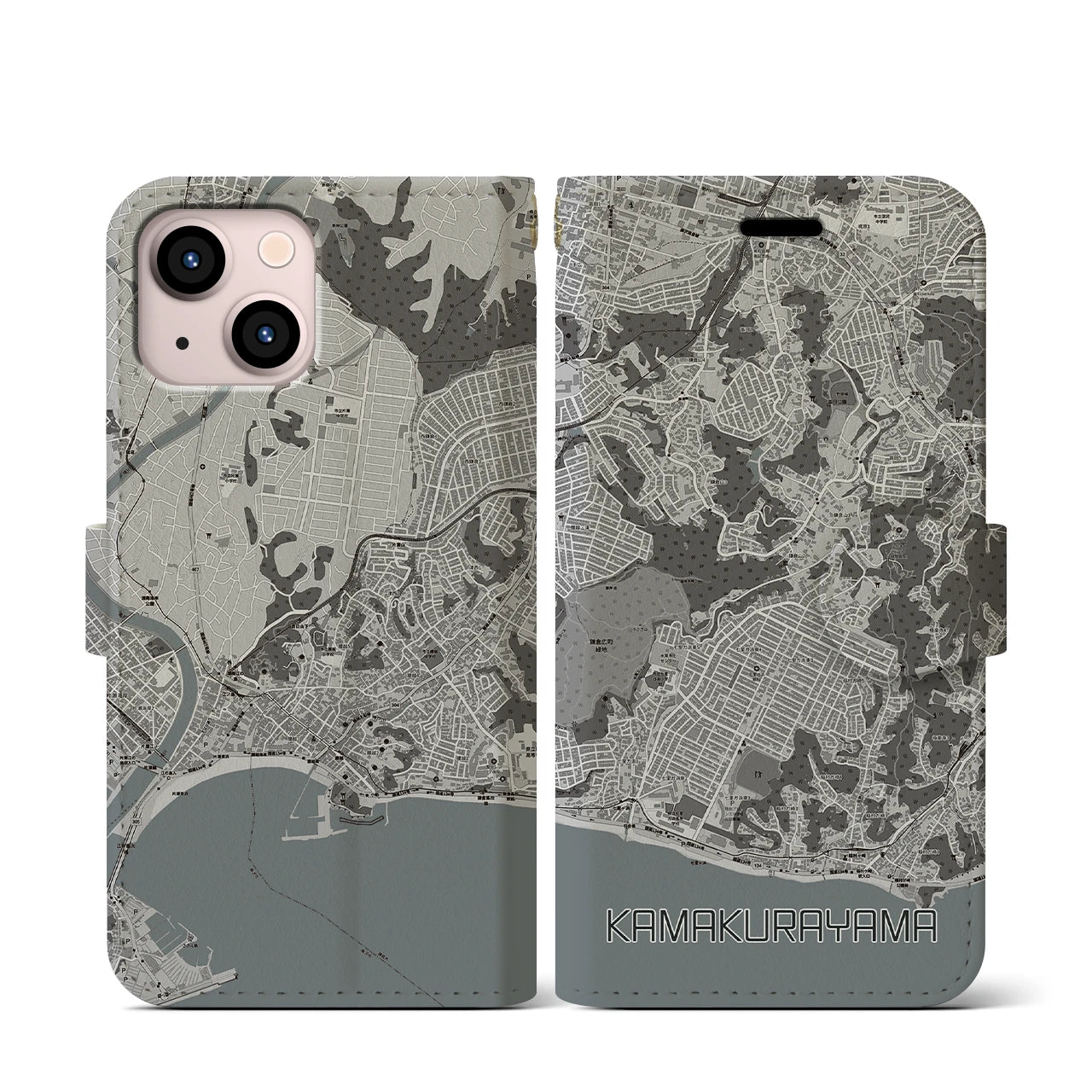 【鎌倉山(神奈川県)】地図柄iPhoneケース(手帳タイプ)モノトーン・iPhone 13 mini 用