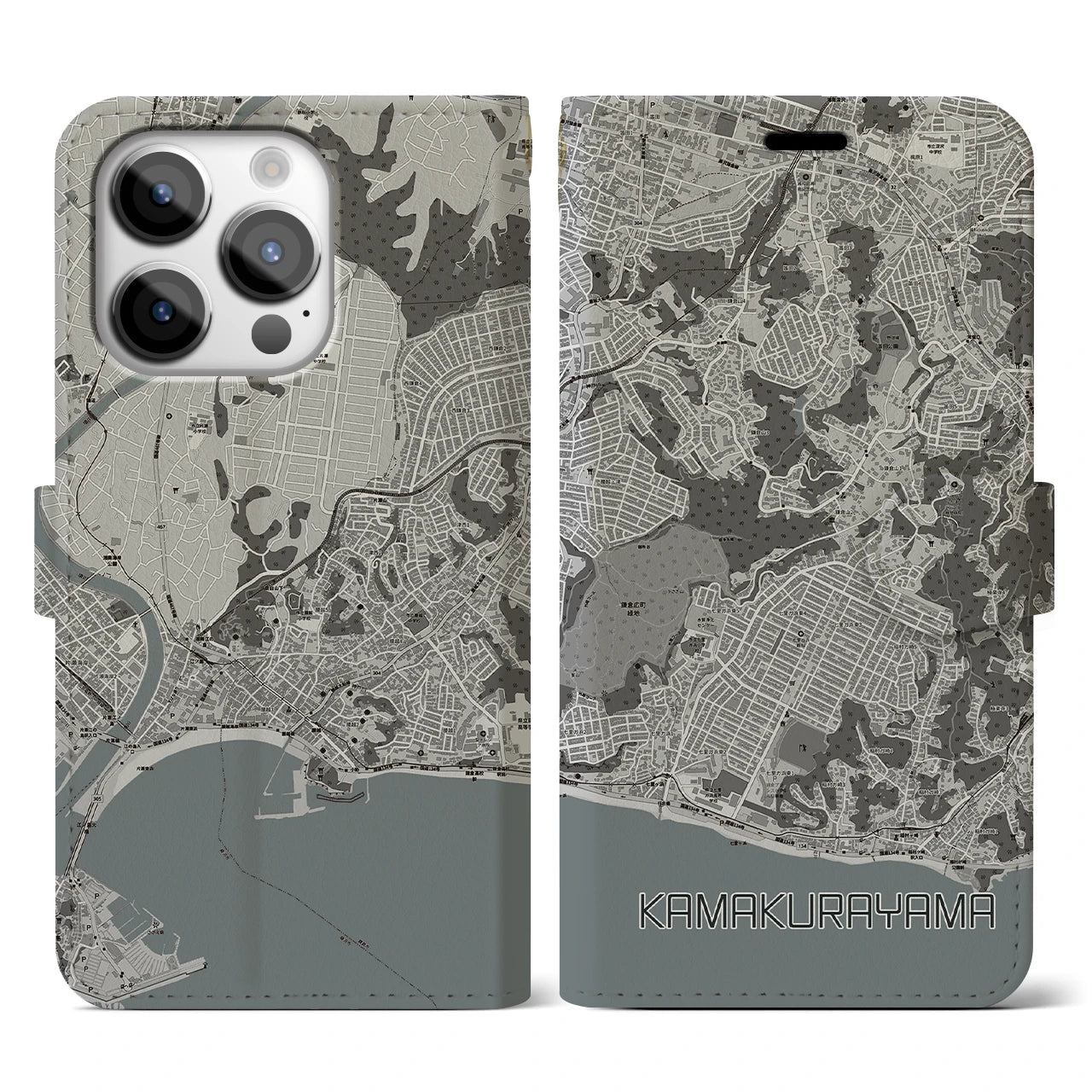 【鎌倉山(神奈川県)】地図柄iPhoneケース(手帳タイプ)モノトーン・iPhone 14 Pro 用
