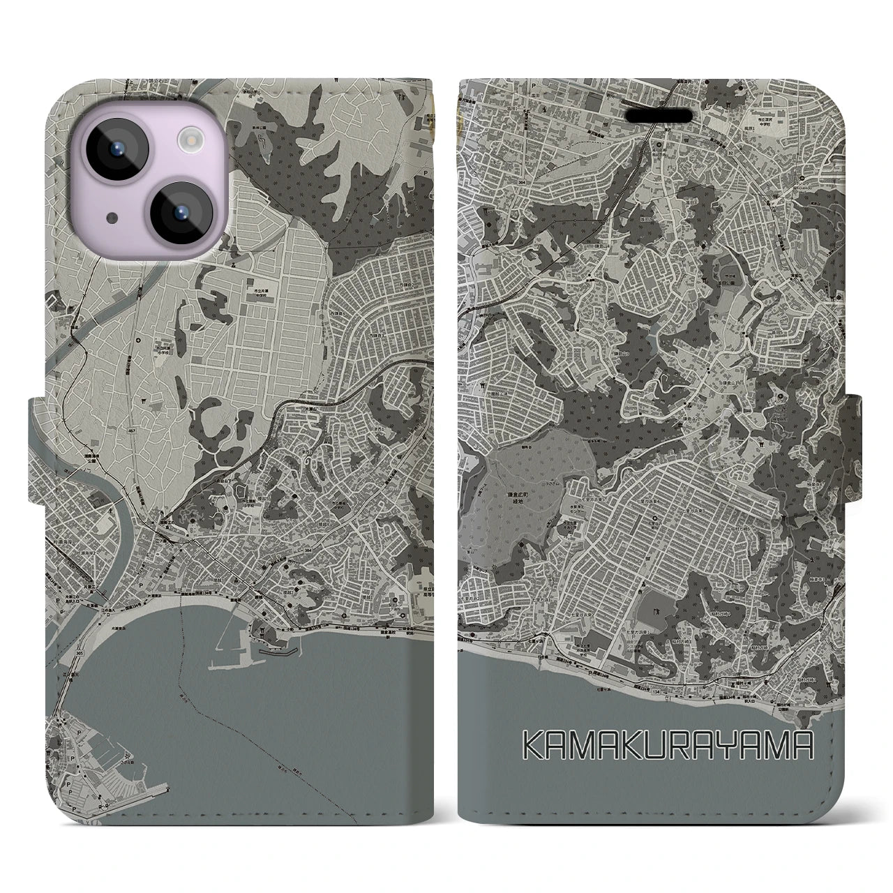 【鎌倉山(神奈川県)】地図柄iPhoneケース(手帳タイプ)モノトーン・iPhone 14 用