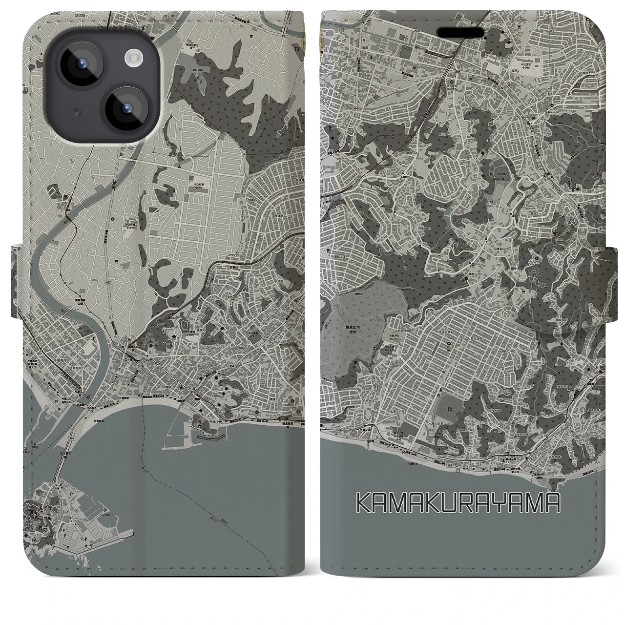 【鎌倉山(神奈川県)】地図柄iPhoneケース(手帳タイプ)モノトーン・iPhone 14 Plus 用