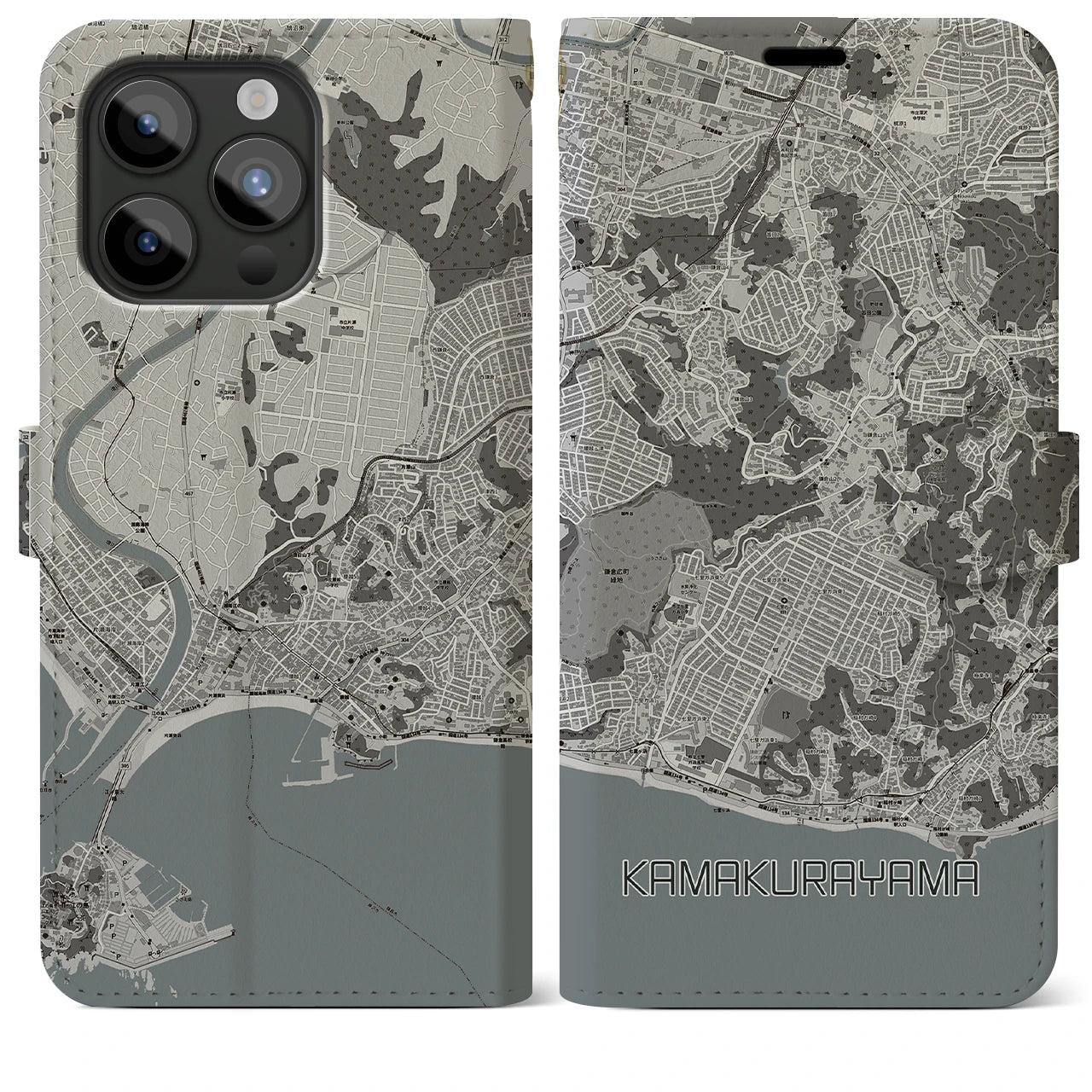 【鎌倉山(神奈川県)】地図柄iPhoneケース(手帳タイプ)モノトーン・iPhone 15 Pro Max 用