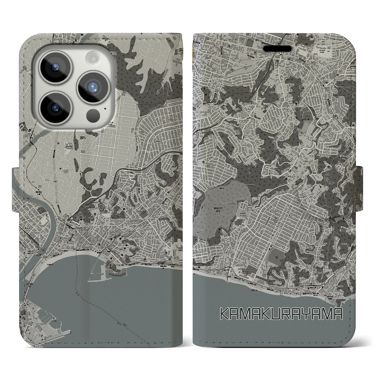 【鎌倉山(神奈川県)】地図柄iPhoneケース(手帳タイプ)モノトーン・iPhone 15 Pro 用
