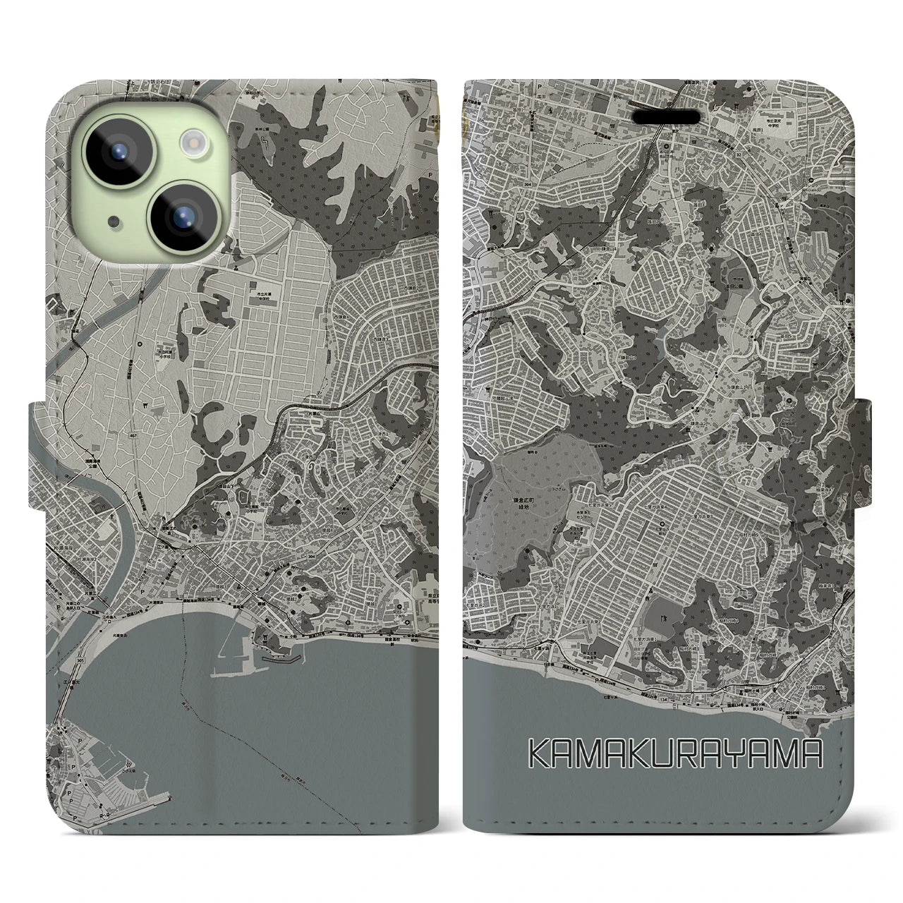 【鎌倉山(神奈川県)】地図柄iPhoneケース(手帳タイプ)モノトーン・iPhone 15 用