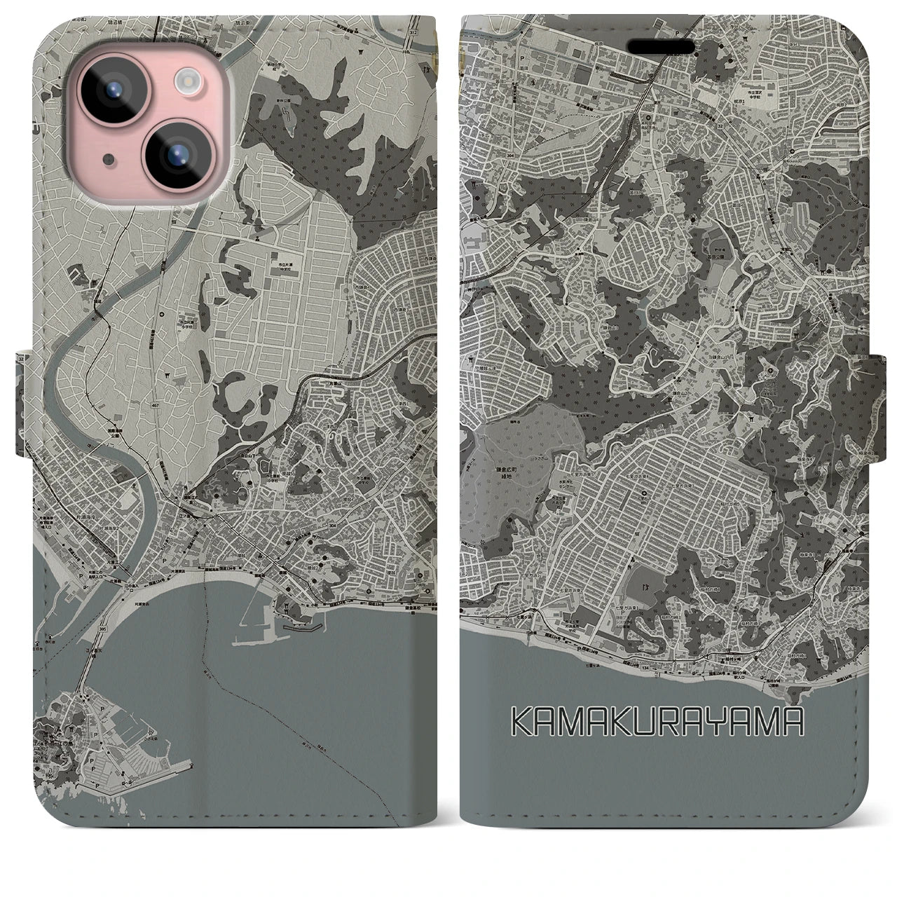 【鎌倉山(神奈川県)】地図柄iPhoneケース(手帳タイプ)モノトーン・iPhone 15 Plus 用