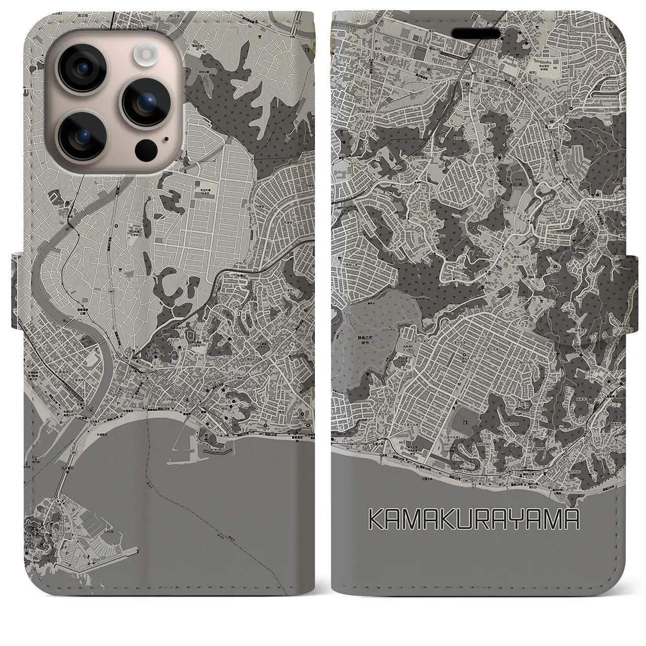 【鎌倉山(神奈川県)】地図柄iPhoneケース(手帳タイプ)モノトーン・iPhone 16 Plus 用