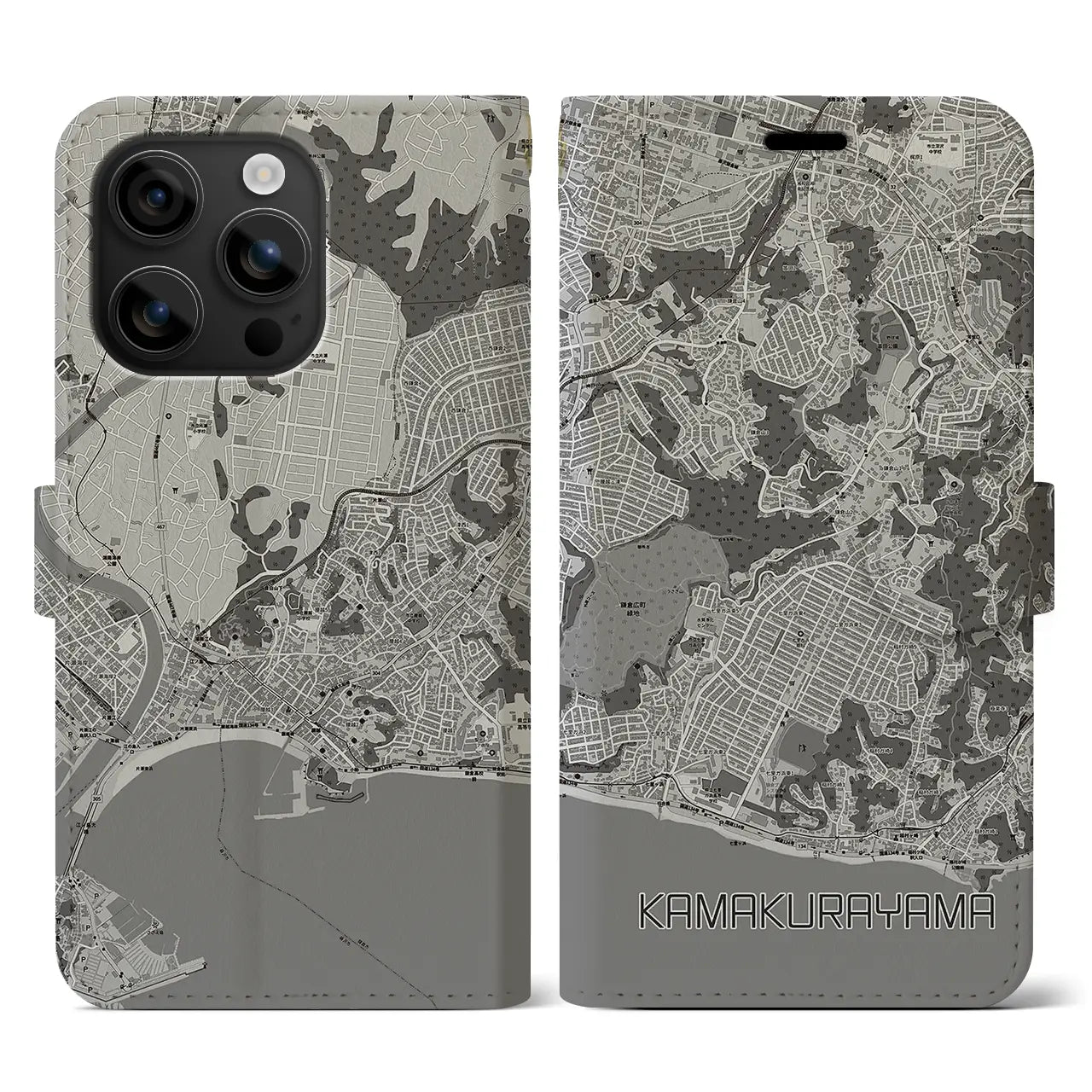 【鎌倉山(神奈川県)】地図柄iPhoneケース(手帳タイプ)モノトーン・iPhone 16 用