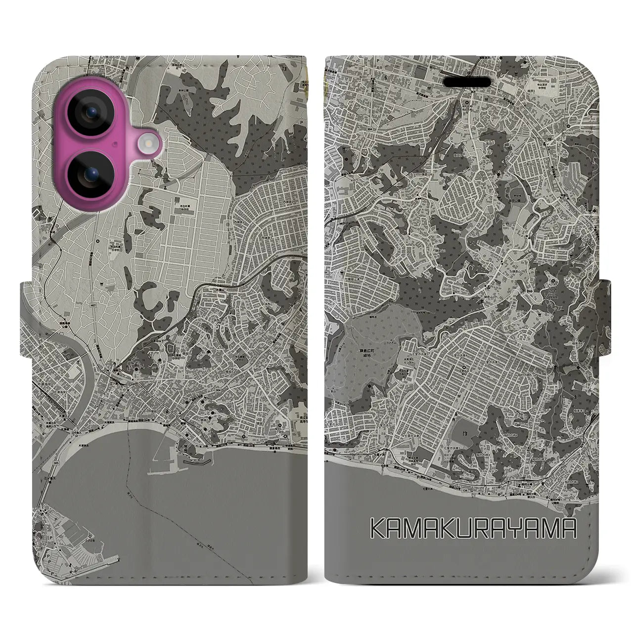 【鎌倉山(神奈川県)】地図柄iPhoneケース(手帳タイプ)モノトーン・iPhone 16 Pro 用