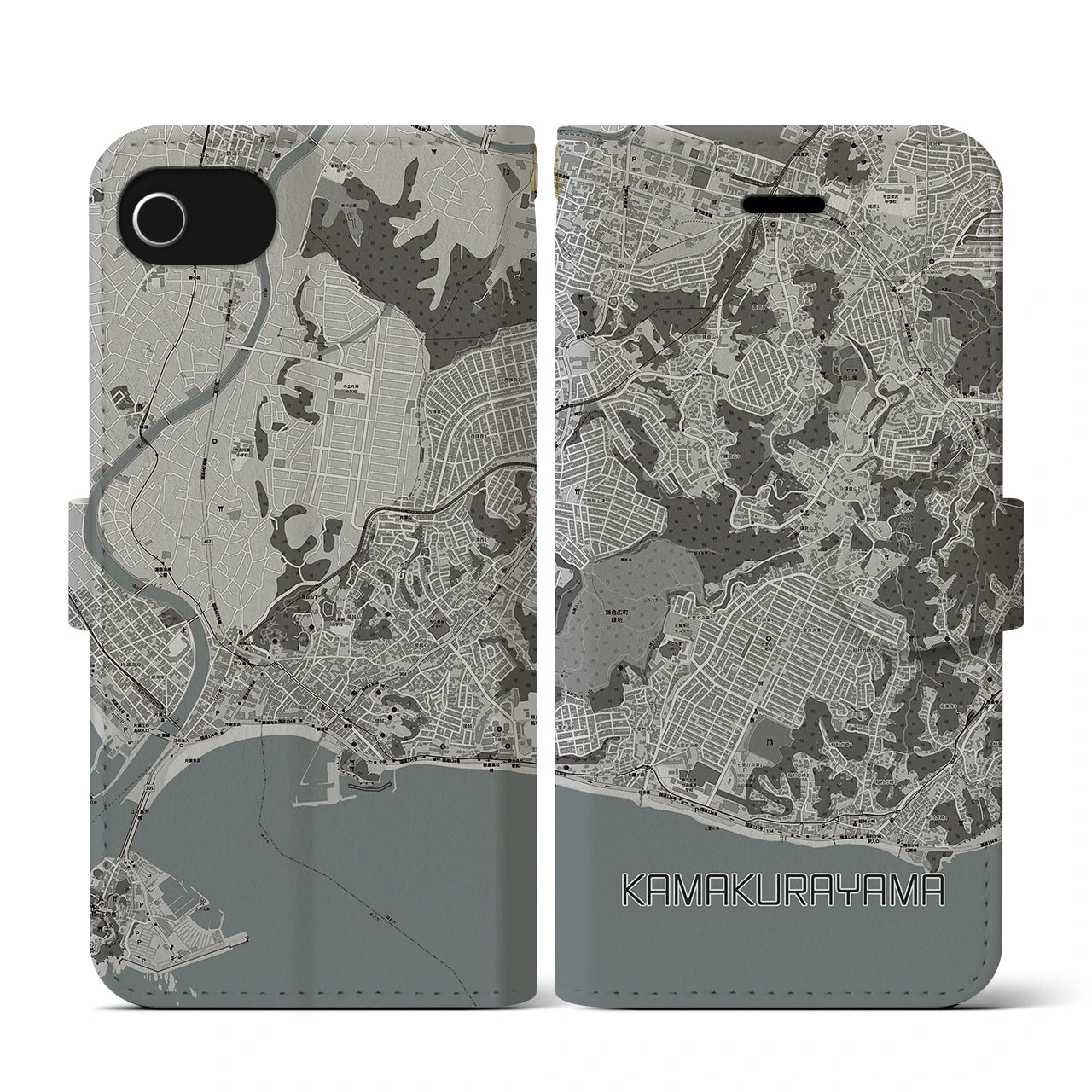 【鎌倉山(神奈川県)】地図柄iPhoneケース(手帳タイプ)モノトーン・iPhone SE(第3 / 第2世代) / 8 / 7 / 6s / 6 用