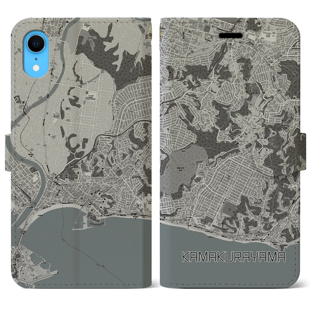 【鎌倉山(神奈川県)】地図柄iPhoneケース(手帳タイプ)モノトーン・iPhone XR 用