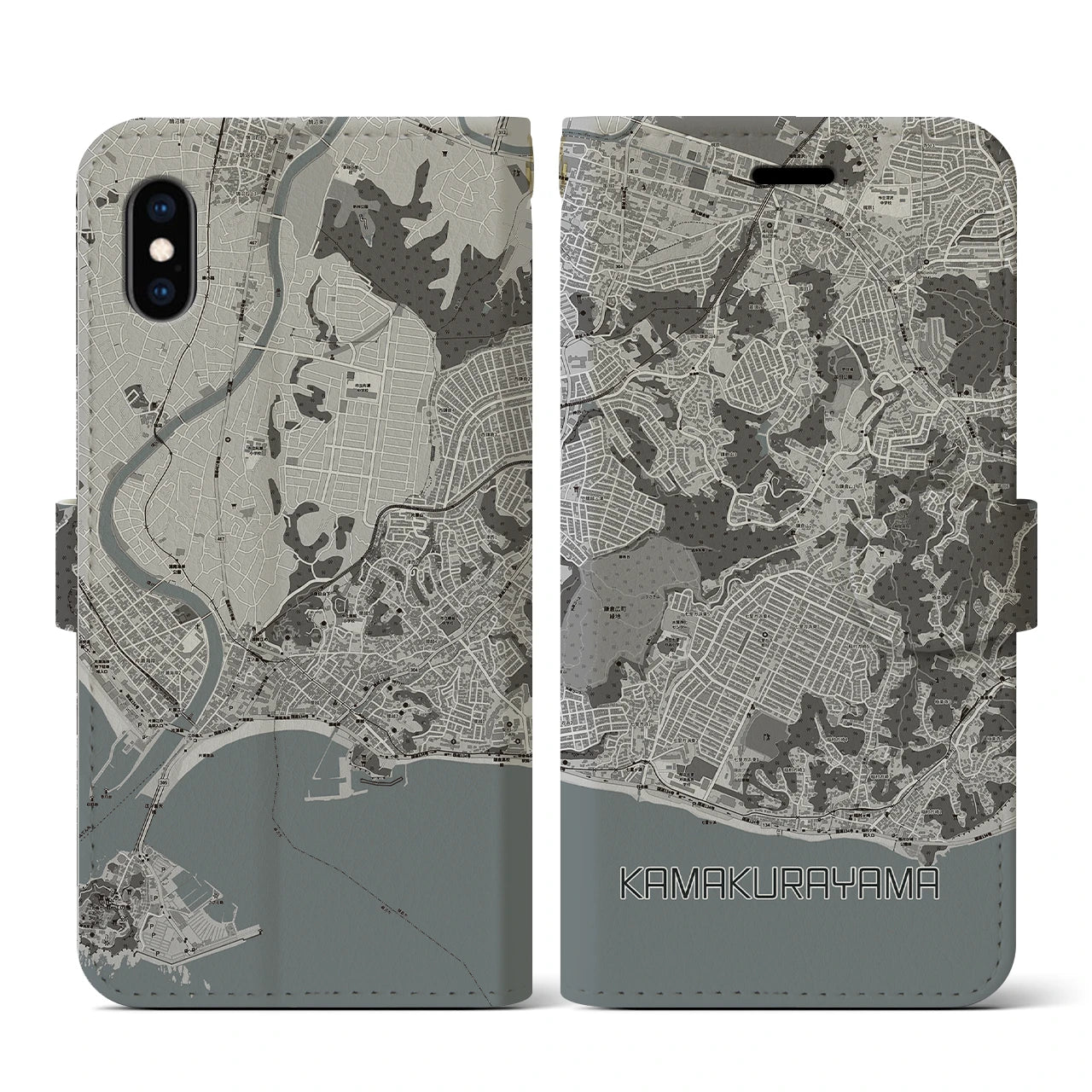 【鎌倉山(神奈川県)】地図柄iPhoneケース(手帳タイプ)モノトーン・iPhone XS / X 用