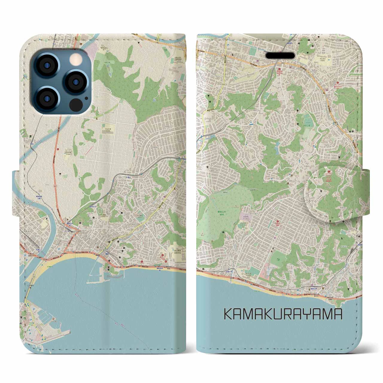 【鎌倉山(神奈川県)】地図柄iPhoneケース(手帳タイプ)ナチュラル・iPhone 12 / 12 Pro 用