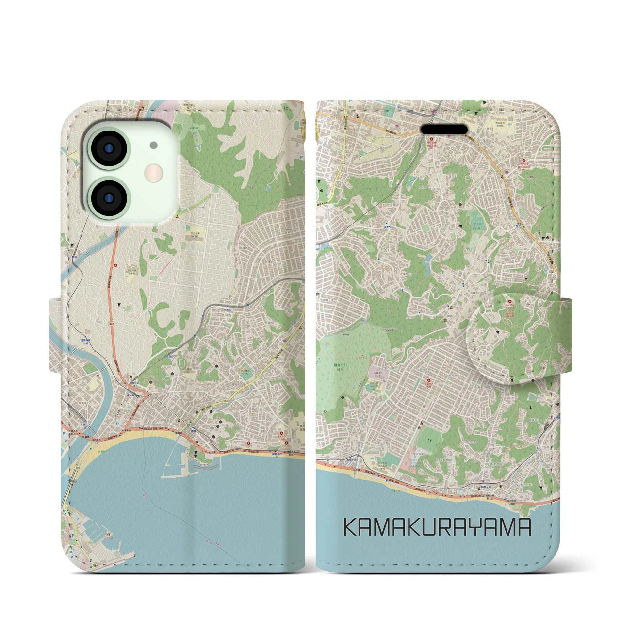 【鎌倉山(神奈川県)】地図柄iPhoneケース(手帳タイプ)ナチュラル・iPhone 12 mini 用