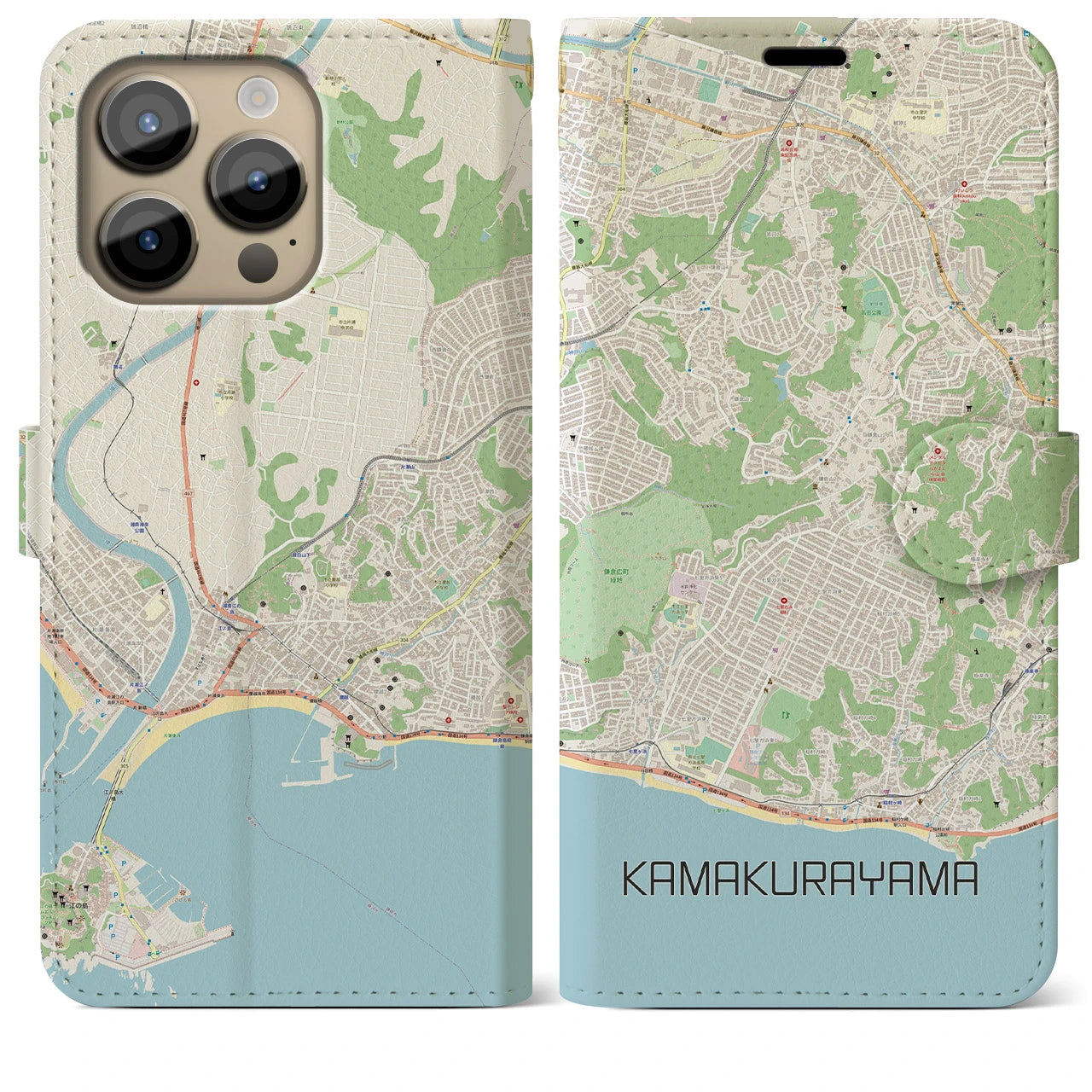 【鎌倉山(神奈川県)】地図柄iPhoneケース(手帳タイプ)ナチュラル・iPhone 14 Pro Max 用