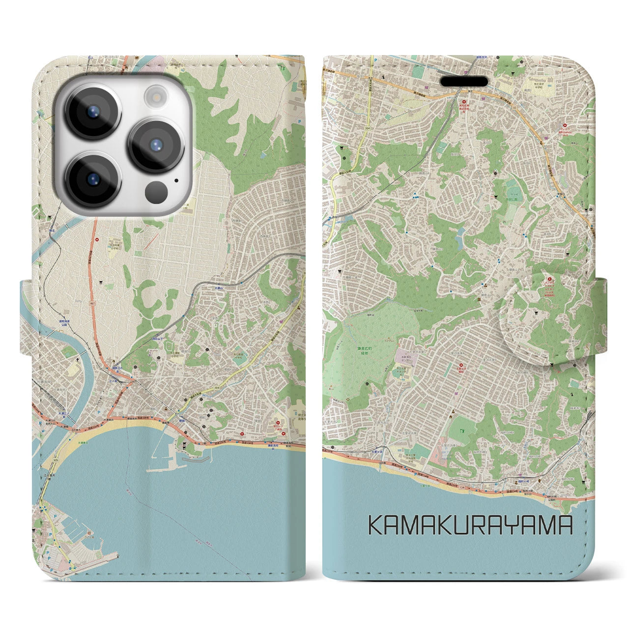 【鎌倉山(神奈川県)】地図柄iPhoneケース(手帳タイプ)ナチュラル・iPhone 14 Pro 用