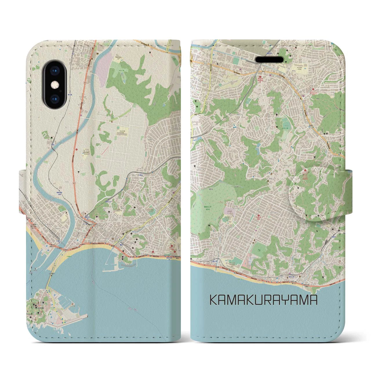 【鎌倉山(神奈川県)】地図柄iPhoneケース(手帳タイプ)ナチュラル・iPhone XS / X 用