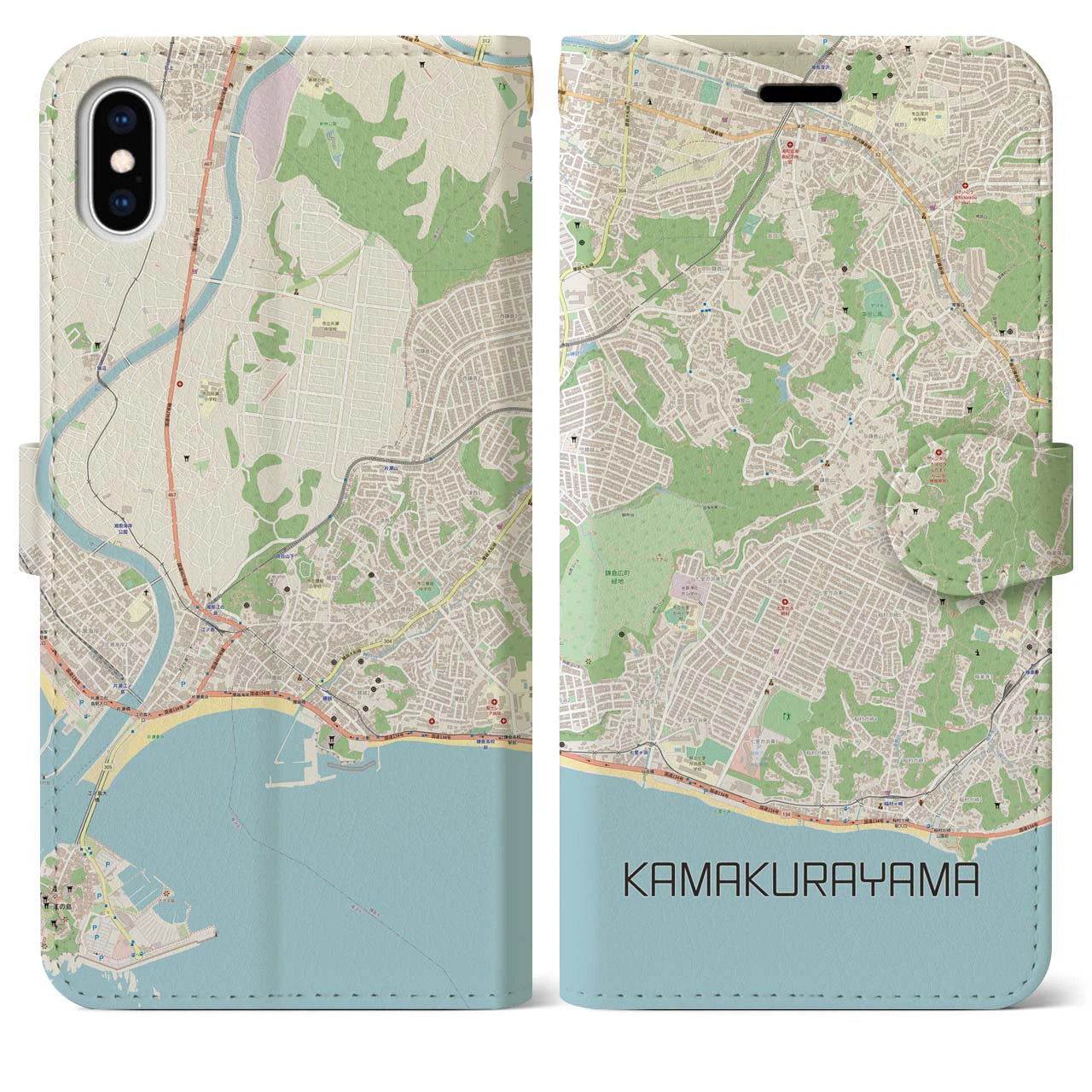 【鎌倉山(神奈川県)】地図柄iPhoneケース(手帳タイプ)ナチュラル・iPhone XS Max 用
