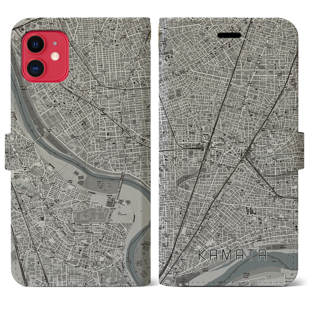 【蒲田(東京都)】地図柄iPhoneケース(手帳タイプ)モノトーン・iPhone 11 用