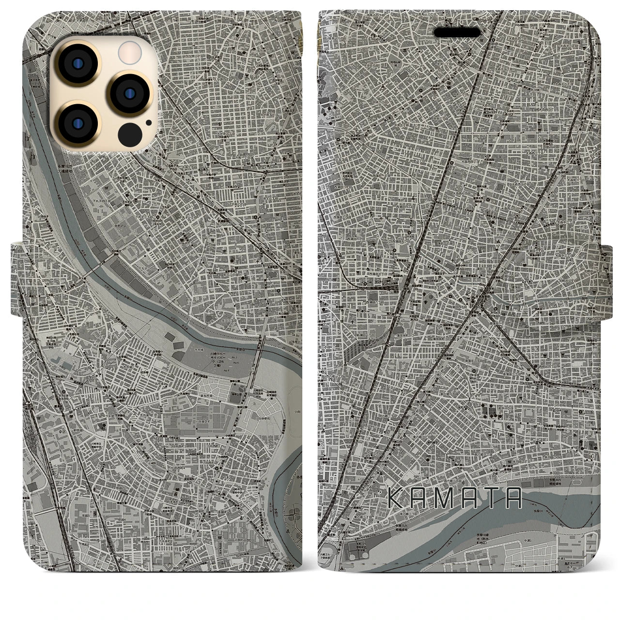 【蒲田(東京都)】地図柄iPhoneケース(手帳タイプ)モノトーン・iPhone 12 Pro Max 用