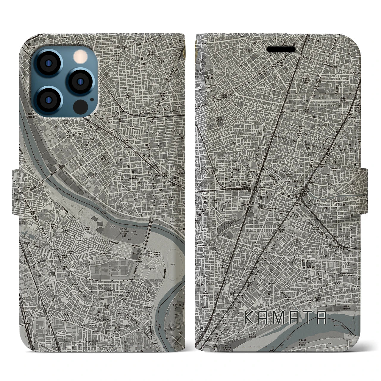【蒲田(東京都)】地図柄iPhoneケース(手帳タイプ)モノトーン・iPhone 12 / 12 Pro 用