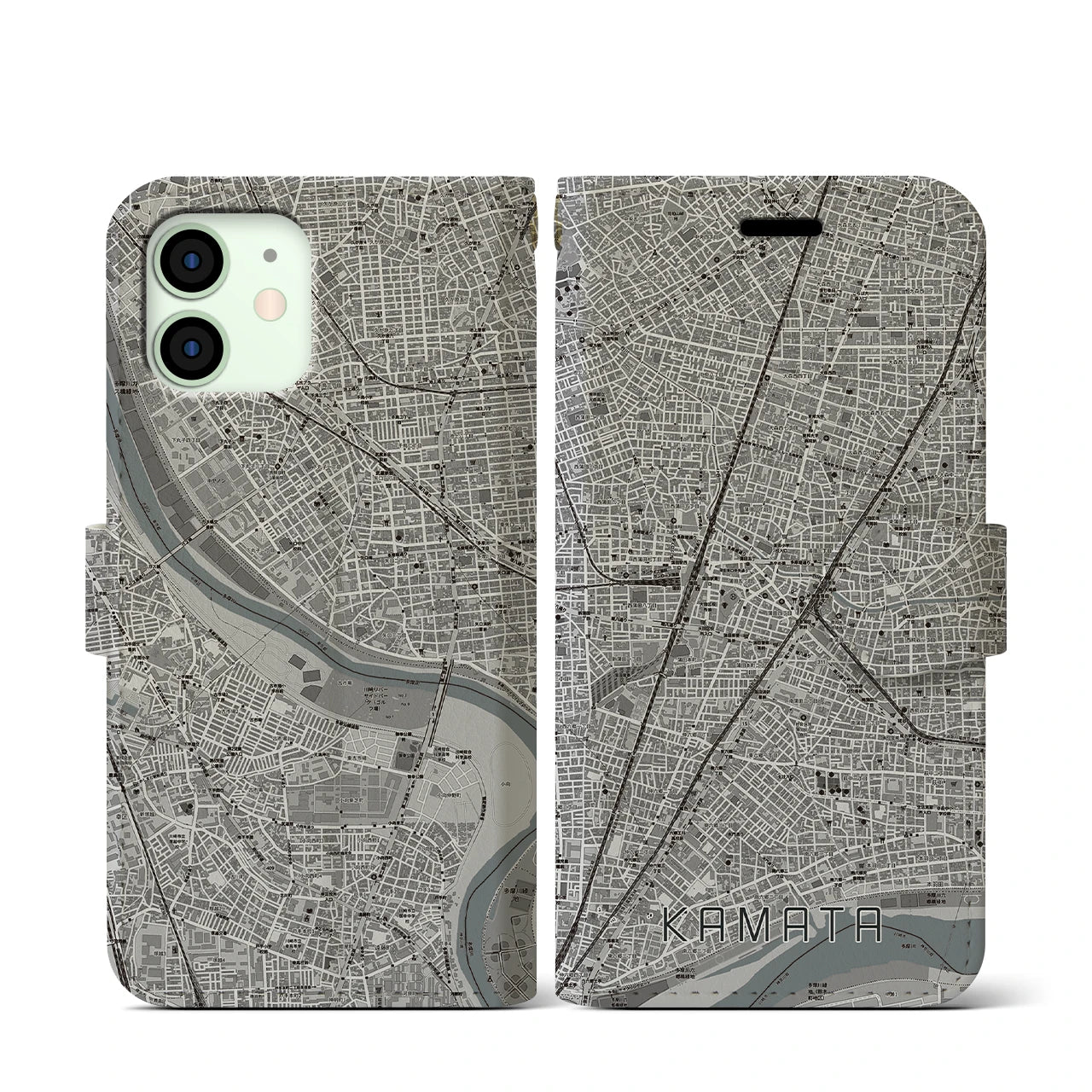 【蒲田(東京都)】地図柄iPhoneケース(手帳タイプ)モノトーン・iPhone 12 mini 用