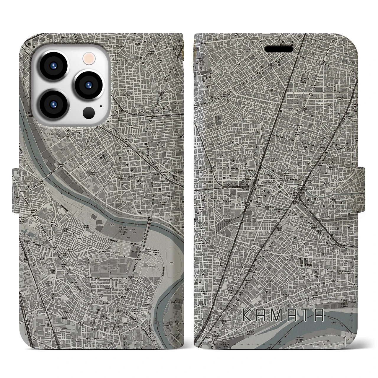 【蒲田(東京都)】地図柄iPhoneケース(手帳タイプ)モノトーン・iPhone 13 Pro 用