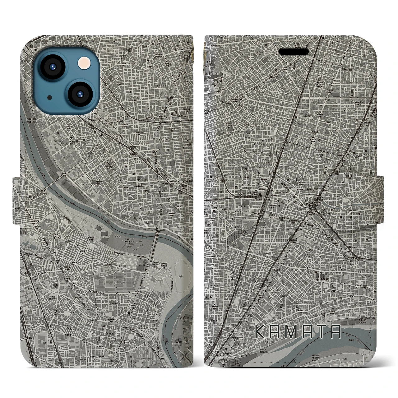 【蒲田(東京都)】地図柄iPhoneケース(手帳タイプ)モノトーン・iPhone 13 用