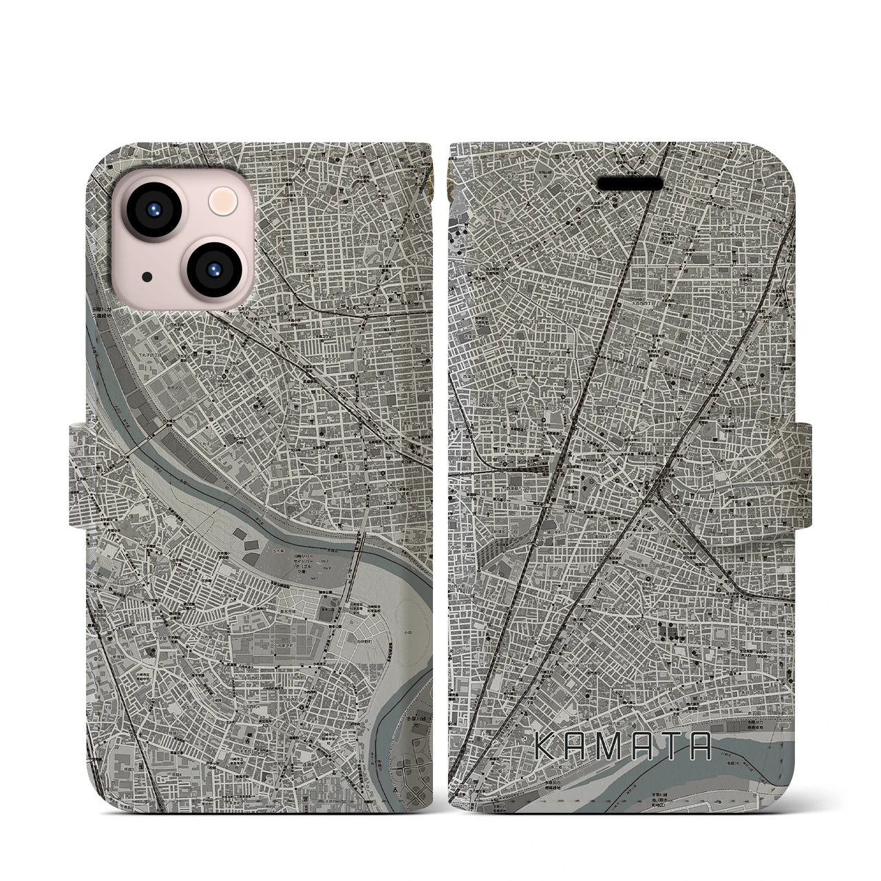 【蒲田(東京都)】地図柄iPhoneケース(手帳タイプ)モノトーン・iPhone 13 mini 用