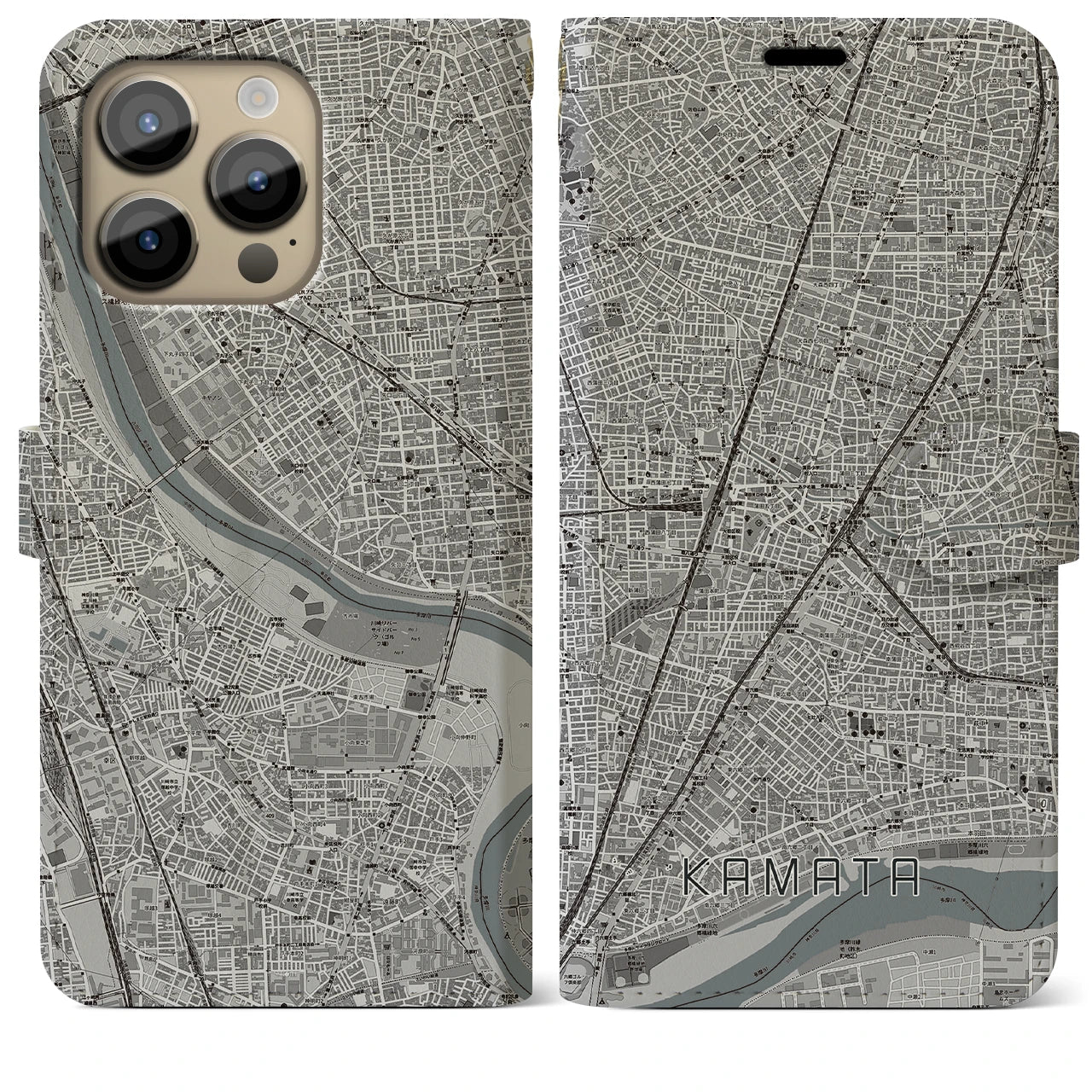 【蒲田(東京都)】地図柄iPhoneケース(手帳タイプ)モノトーン・iPhone 14 Pro Max 用