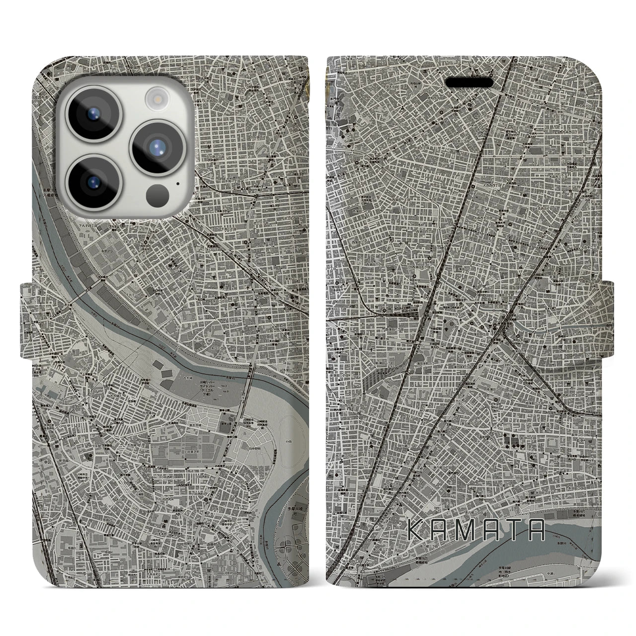 【蒲田(東京都)】地図柄iPhoneケース(手帳タイプ)モノトーン・iPhone 15 Pro 用