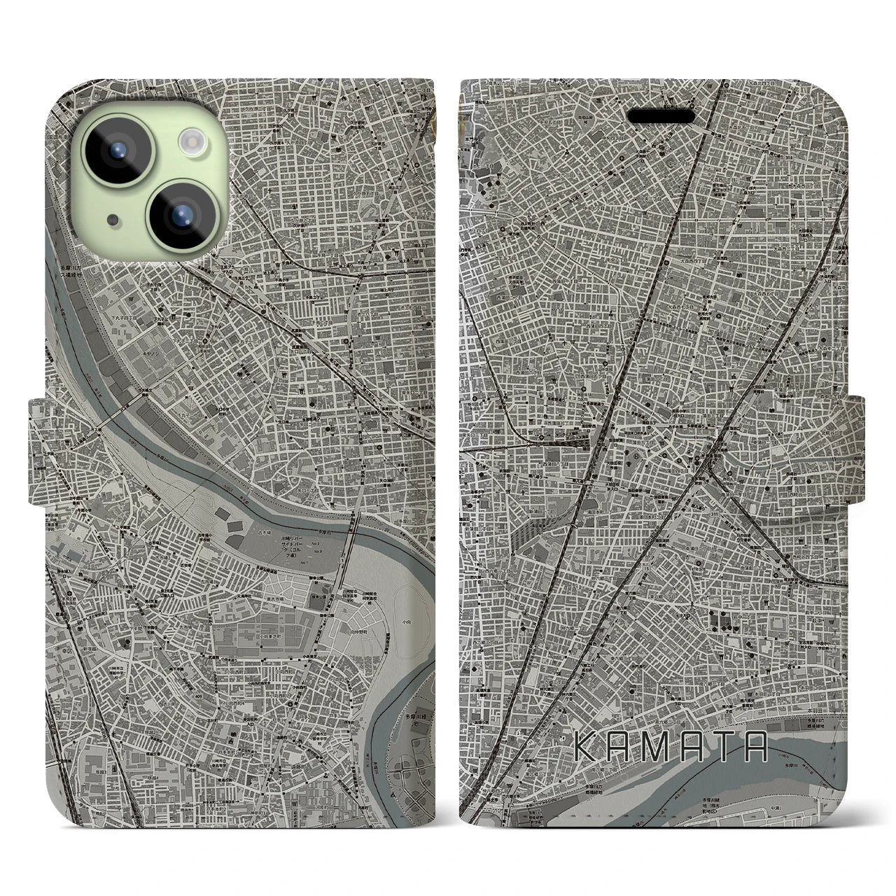 【蒲田(東京都)】地図柄iPhoneケース(手帳タイプ)モノトーン・iPhone 15 用
