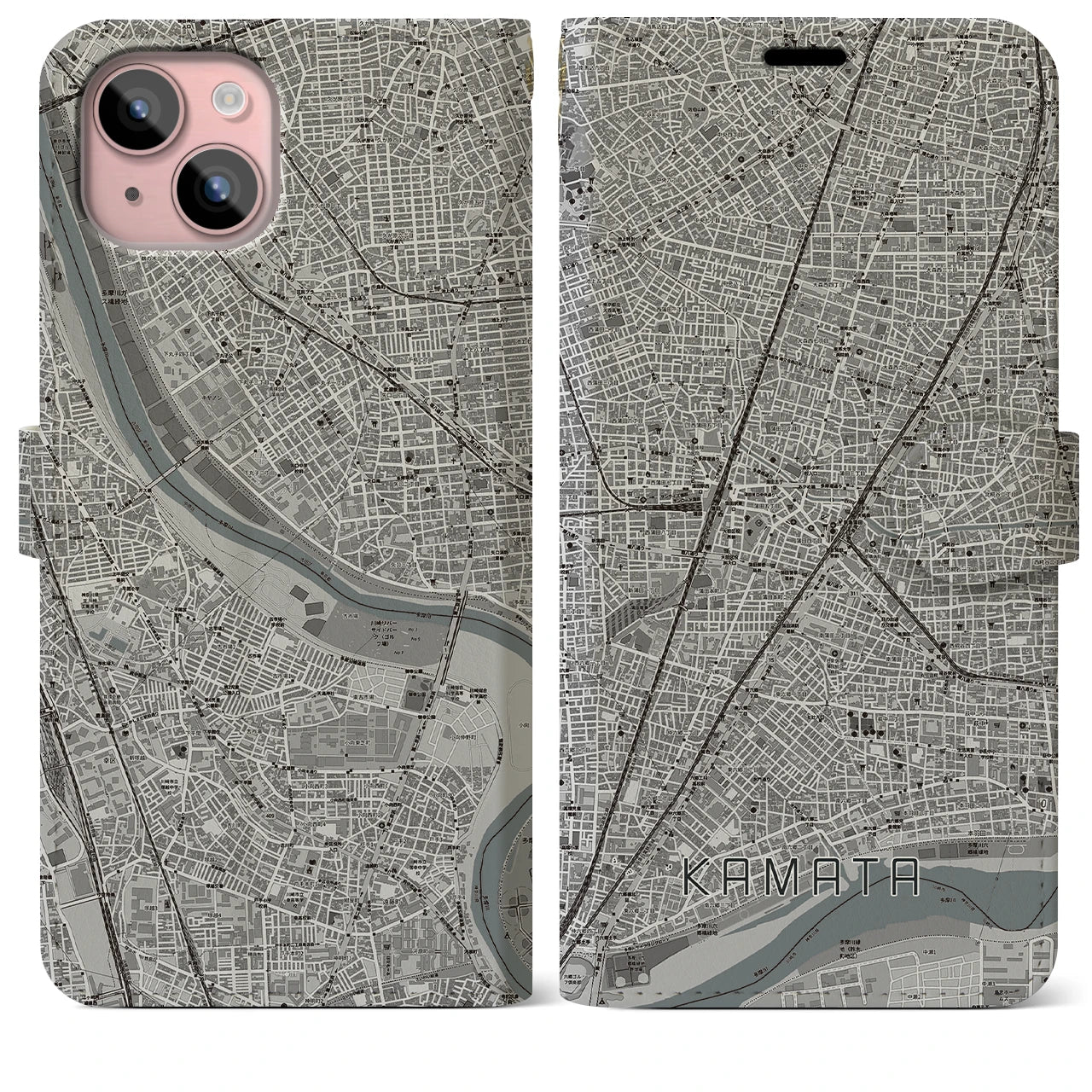 【蒲田(東京都)】地図柄iPhoneケース(手帳タイプ)モノトーン・iPhone 15 Plus 用