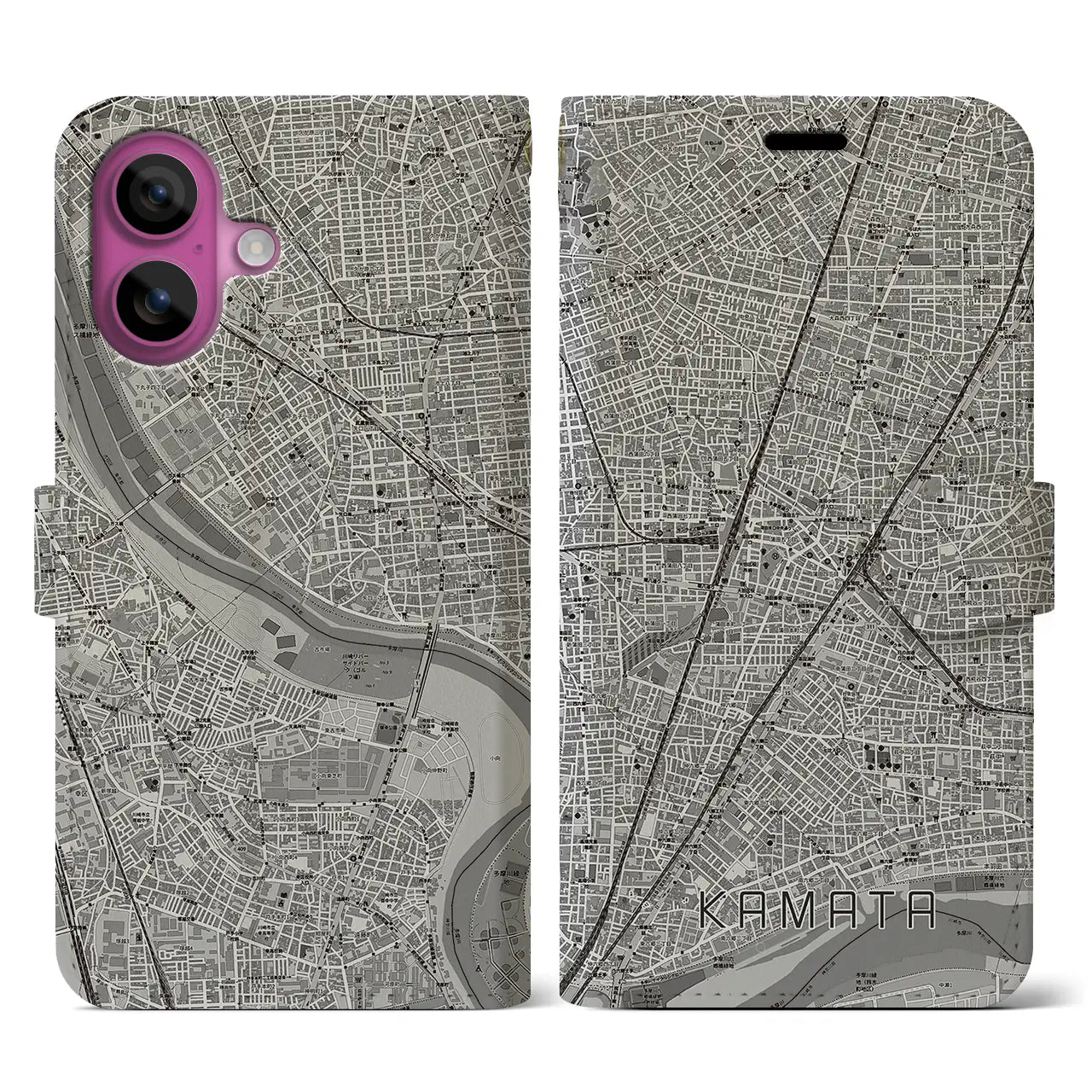 【蒲田(東京都)】地図柄iPhoneケース(手帳タイプ)モノトーン・iPhone 16 Pro 用