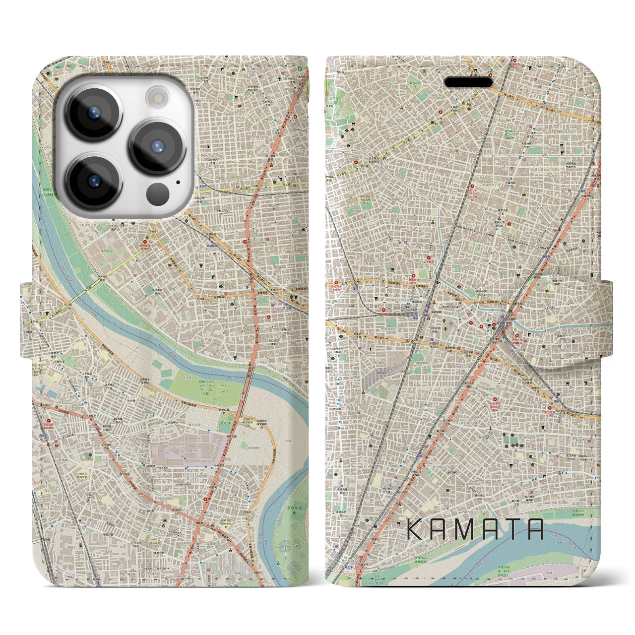 【蒲田(東京都)】地図柄iPhoneケース(手帳タイプ)ナチュラル・iPhone 14 Pro 用