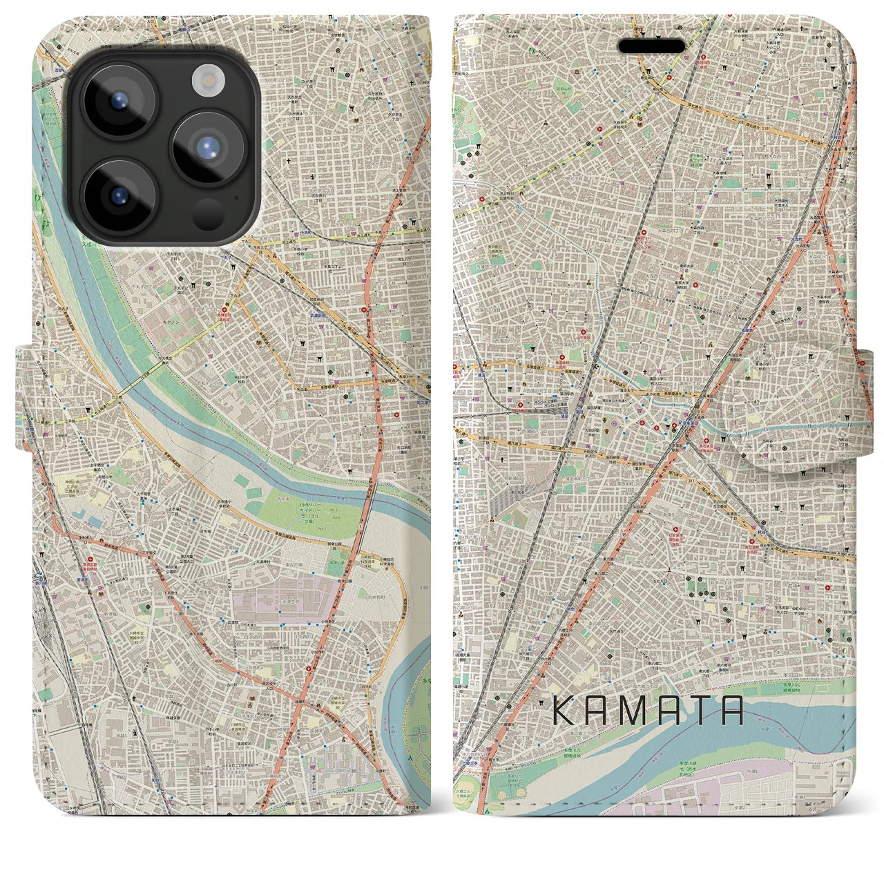 【蒲田(東京都)】地図柄iPhoneケース(手帳タイプ)ナチュラル・iPhone 15 Pro Max 用