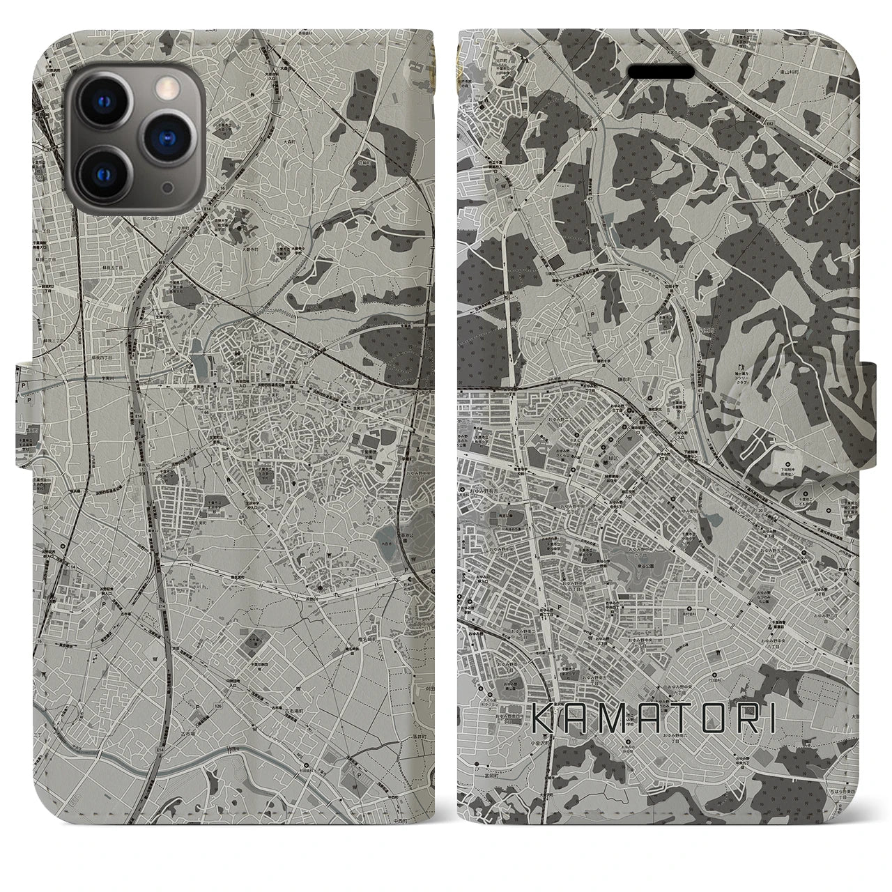【鎌取(千葉県)】地図柄iPhoneケース(手帳タイプ)モノトーン・iPhone 11 Pro Max 用