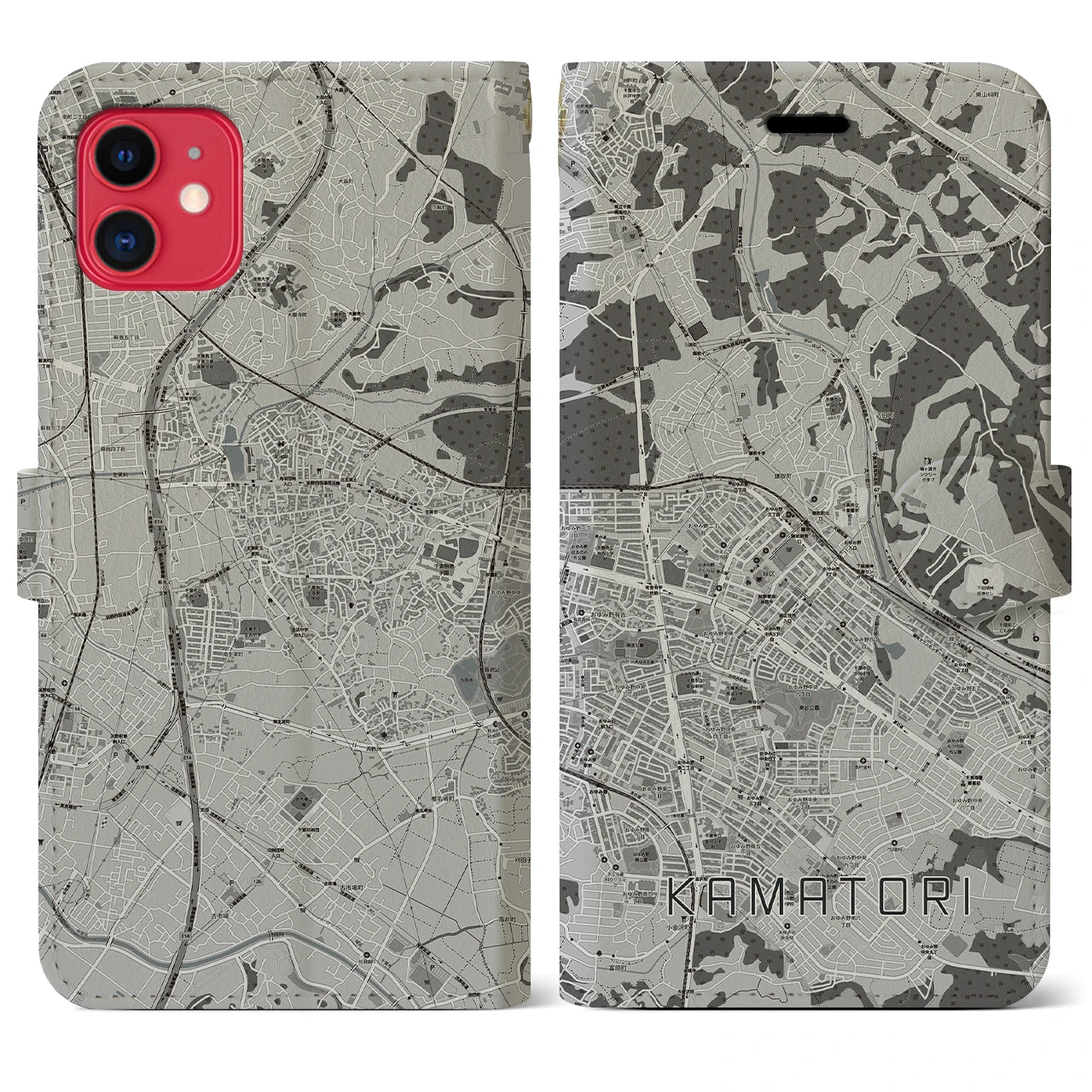 【鎌取(千葉県)】地図柄iPhoneケース(手帳タイプ)モノトーン・iPhone 11 用