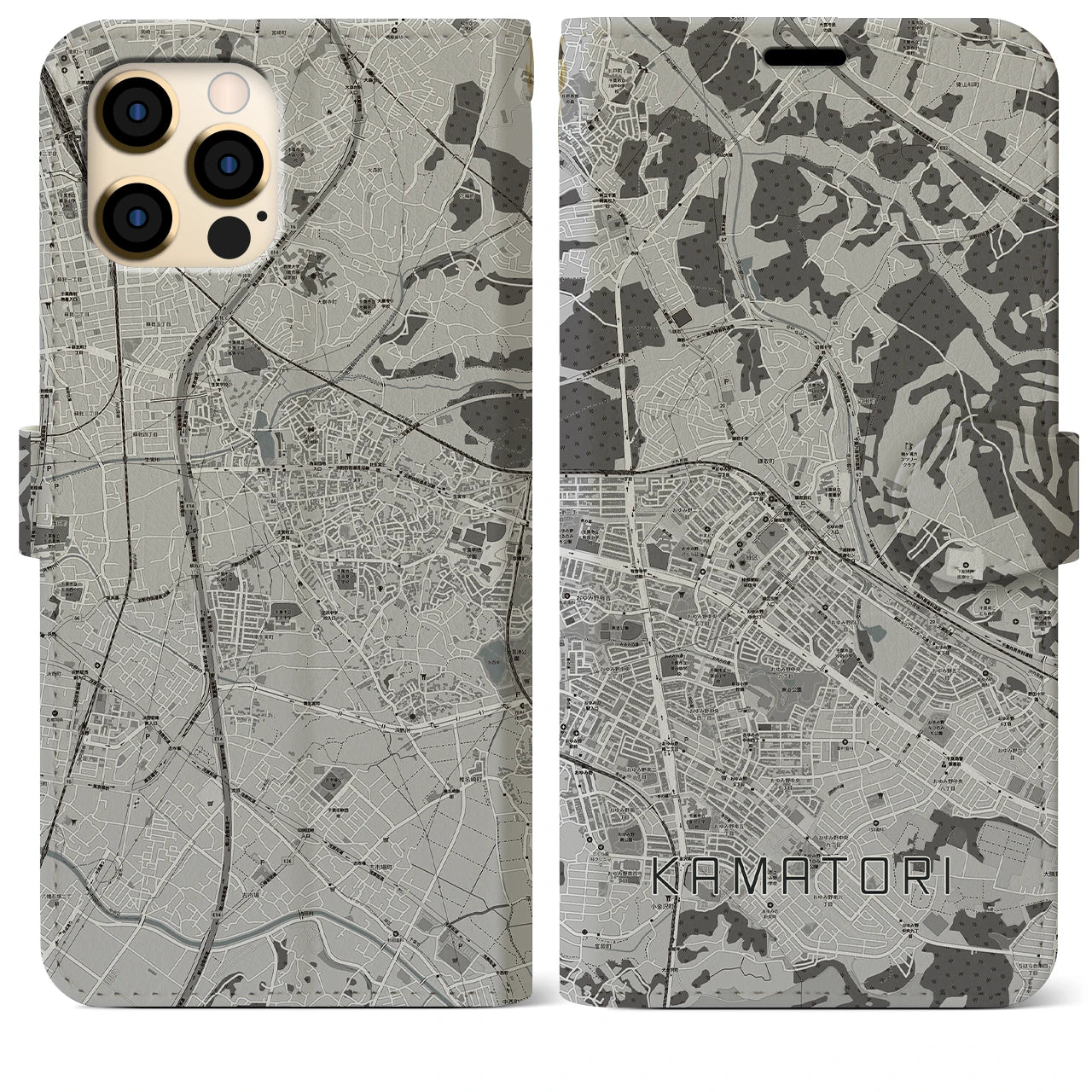 【鎌取(千葉県)】地図柄iPhoneケース(手帳タイプ)モノトーン・iPhone 12 Pro Max 用