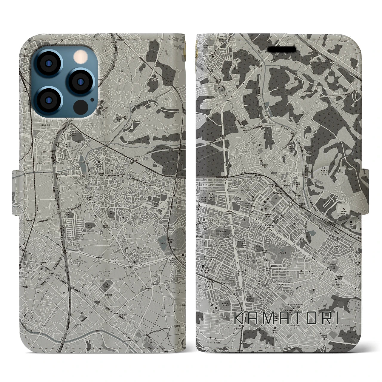 【鎌取(千葉県)】地図柄iPhoneケース(手帳タイプ)モノトーン・iPhone 12 / 12 Pro 用