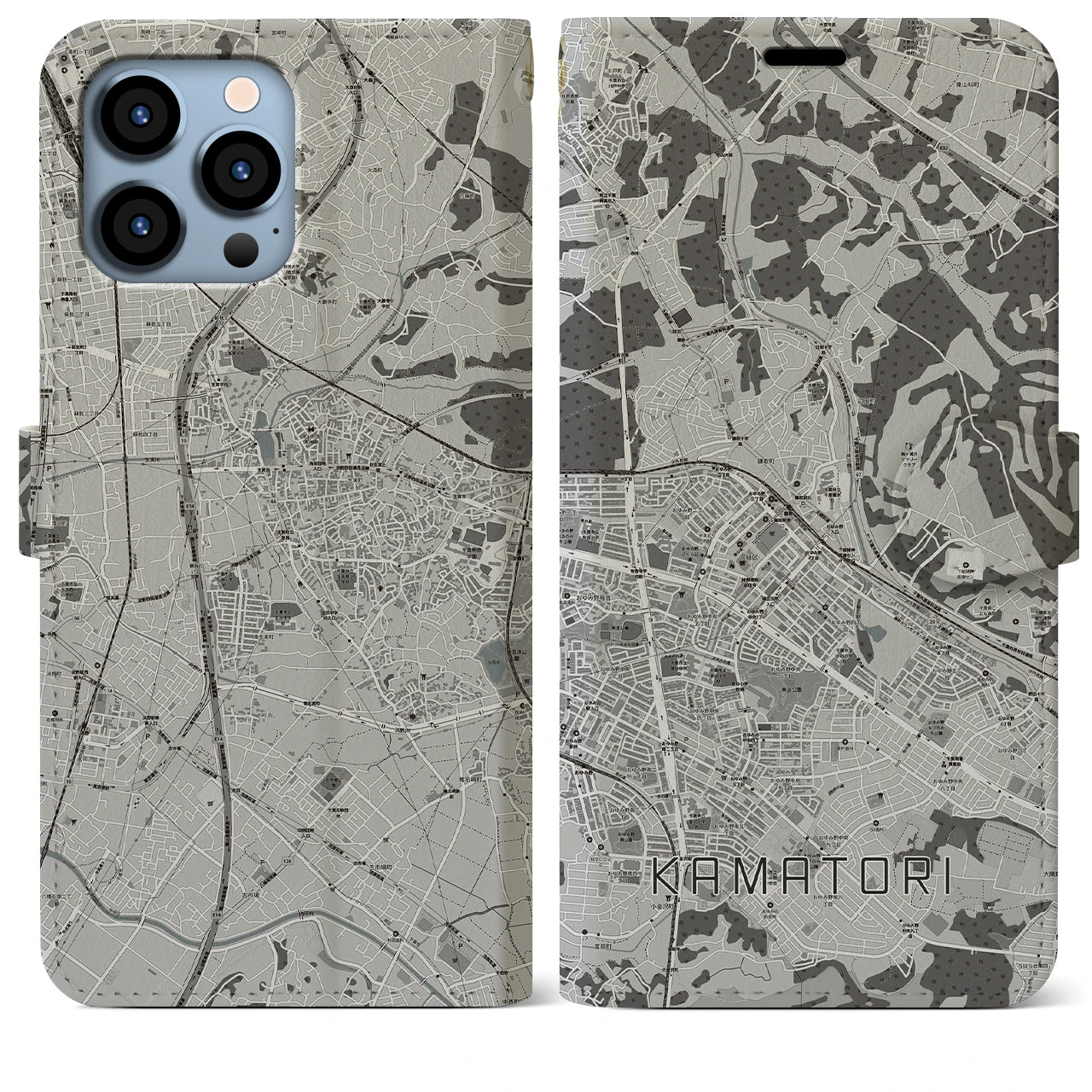 【鎌取(千葉県)】地図柄iPhoneケース(手帳タイプ)モノトーン・iPhone 13 Pro Max 用